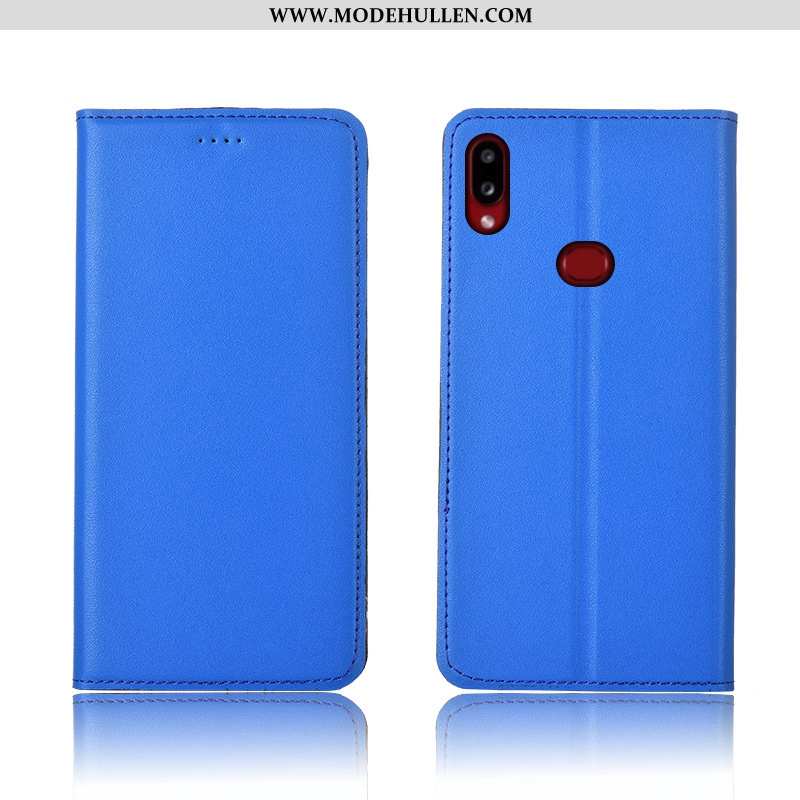 Hülle Samsung Galaxy A10s Nubuck Echt Leder Blau Sterne Silikon Weiche Lederhülle