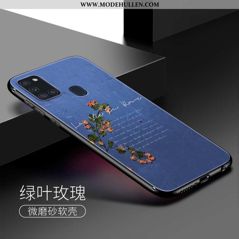 Hülle Samsung Galaxy A21s Silikon Nubuck Blumen Ölgemälde Weiche Farbe Blau
