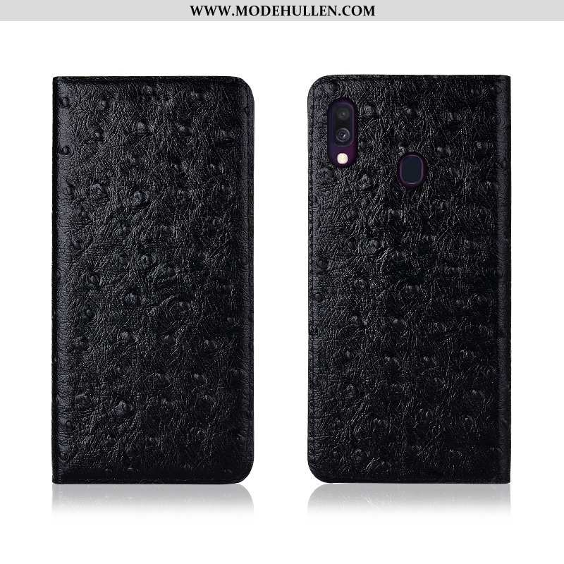 Hülle Samsung Galaxy A40 Echt Leder Muster Clamshell Neu Lederhülle Handy Nubuck Schwarz