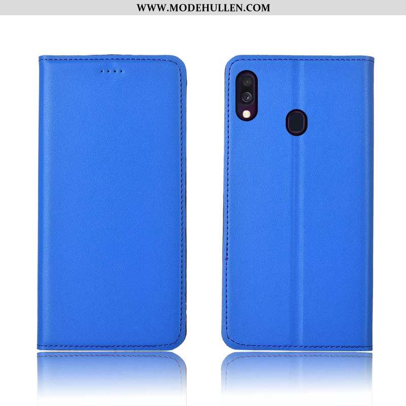 Hülle Samsung Galaxy A40 Lederhülle Nubuck Neu Silikon Sterne Einfassung Blau