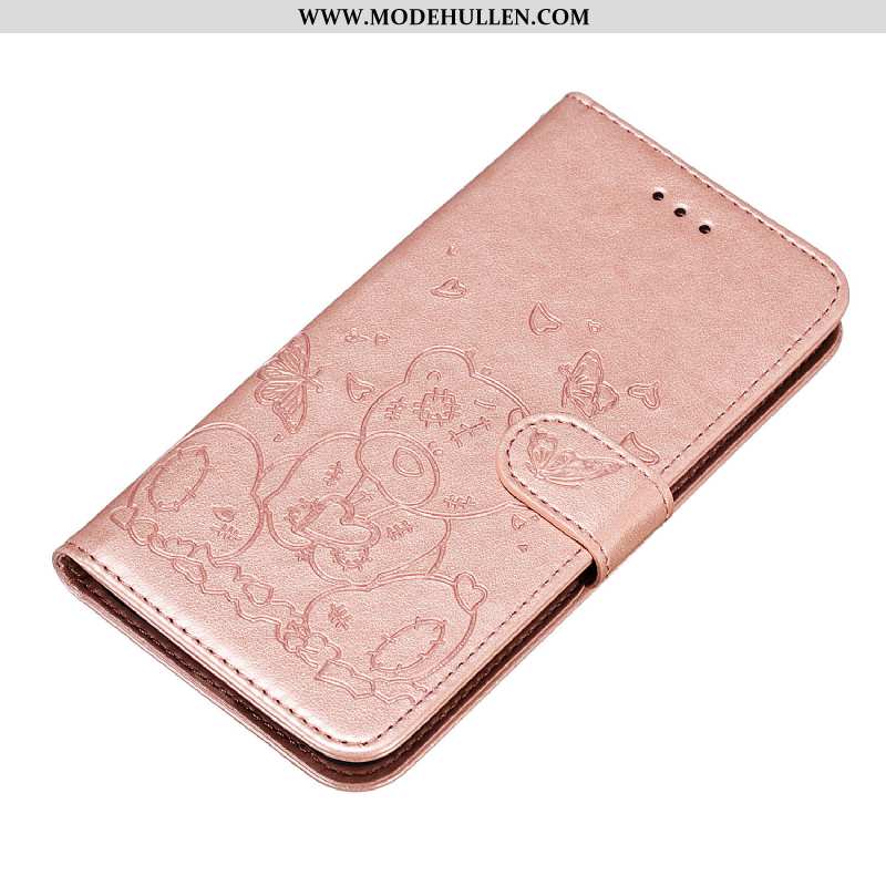 Hülle Samsung Galaxy A40 Schutz Lederhülle Case Sterne Bär Magnetschließe Mini Rosa