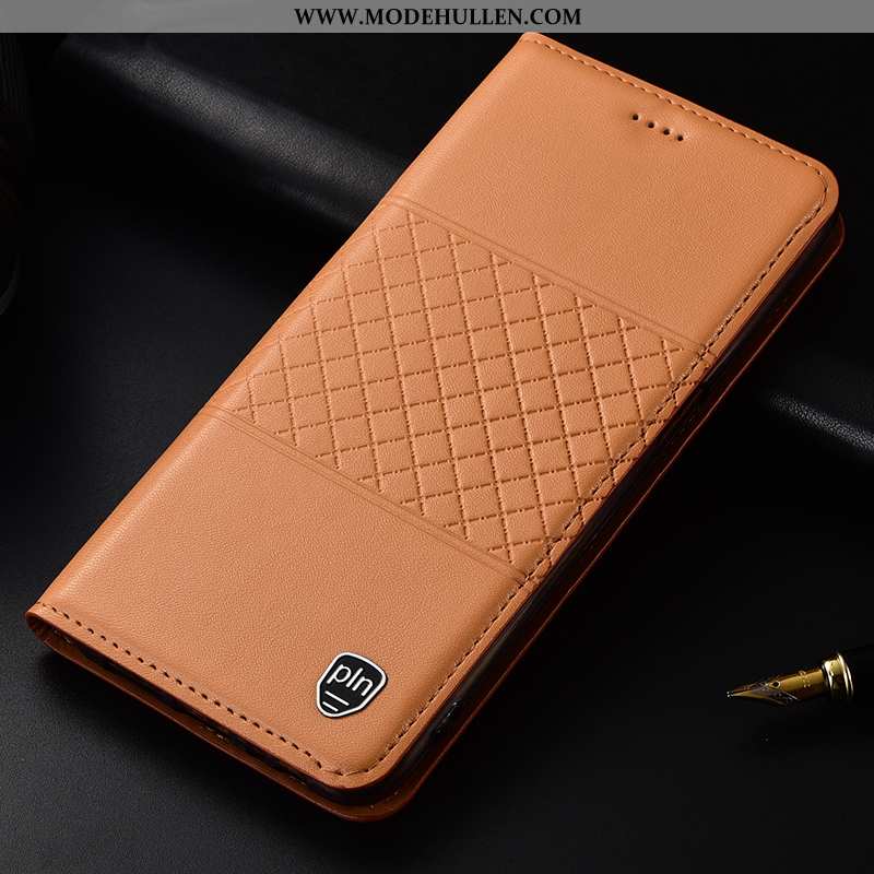 Hülle Samsung Galaxy A40s Echt Leder Schutz Braun Handy Case Kariert