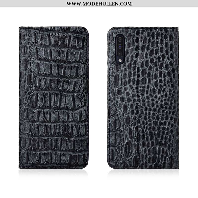 Hülle Samsung Galaxy A50 Silikon Schutz Echt Leder Schwarz Lederhülle Case Clamshell