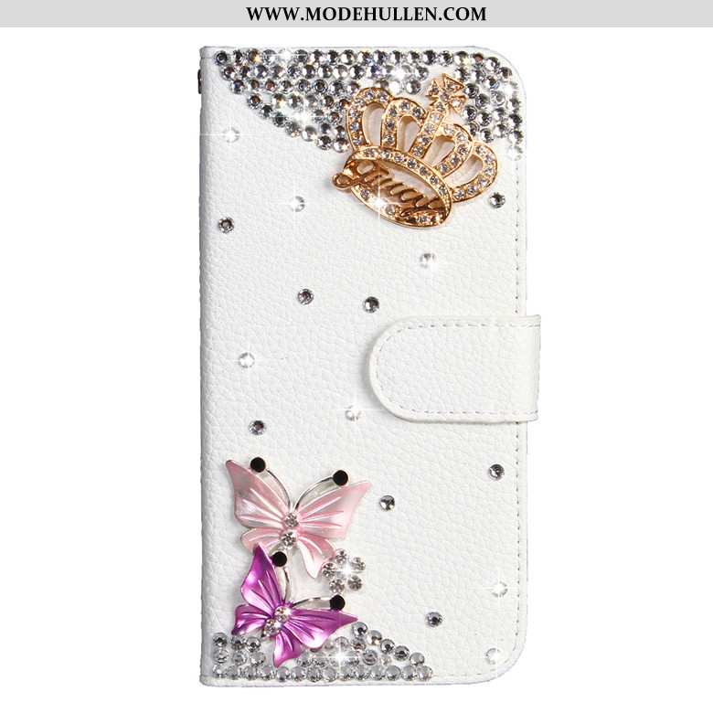 Hülle Samsung Galaxy A50s Lederhülle Schutz Weiß Schmetterlingsblumen Strass Sterne Folio Weiße