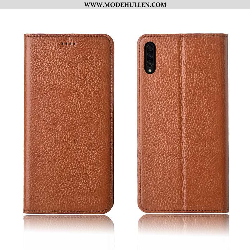 Hülle Samsung Galaxy A50s Nubuck Echt Leder Silikon Khaki Weiche Schutz Case