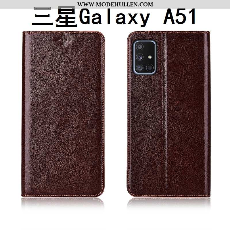 Hülle Samsung Galaxy A51 Schutz Lederhülle Clamshell Silikon Muster Sterne Braun