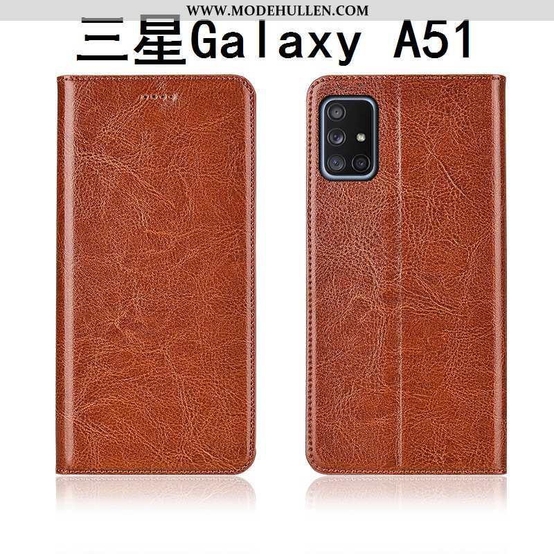 Hülle Samsung Galaxy A51 Schutz Lederhülle Clamshell Silikon Muster Sterne Braun