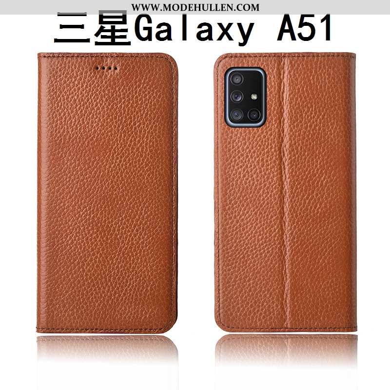 Hülle Samsung Galaxy A51 Silikon Schutz Anti-sturz Lederhülle Clamshell Echt Leder Neu Khaki