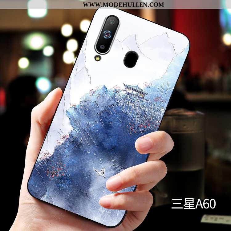 Hülle Samsung Galaxy A60 Nubuck Prägung Case Handy Blau Weiche