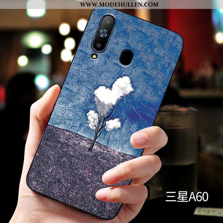 Hülle Samsung Galaxy A60 Nubuck Prägung Case Handy Blau Weiche