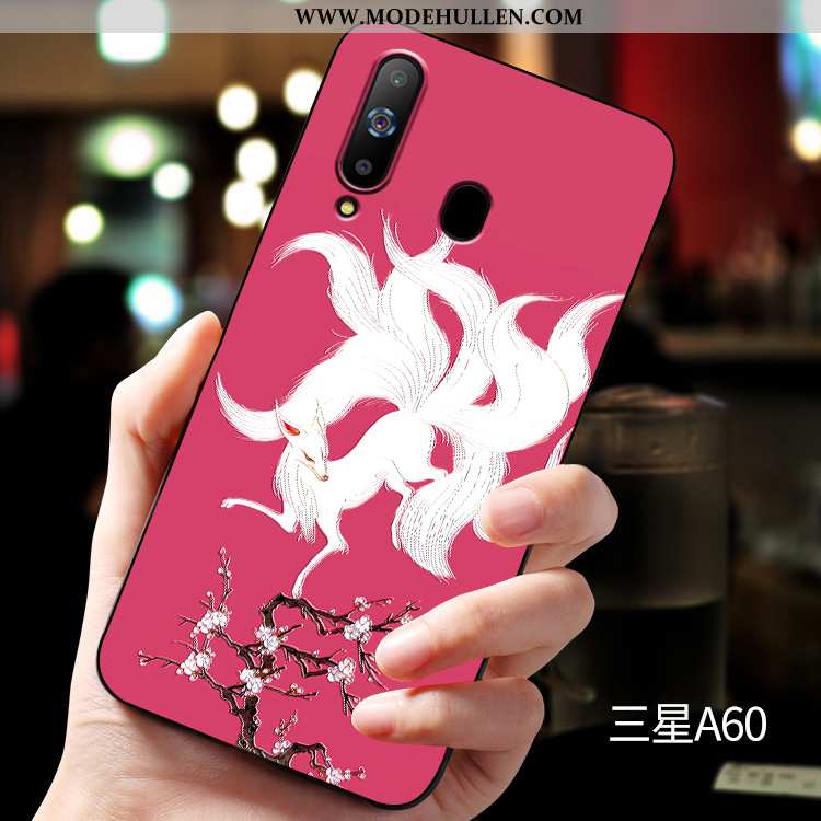 Hülle Samsung Galaxy A60 Nubuck Prägung Case Handy Blau Weiche