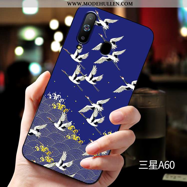 Hülle Samsung Galaxy A60 Nubuck Prägung Case Handy Blau Weiche