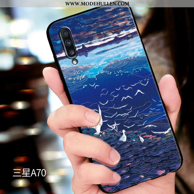 Hülle Samsung Galaxy A70 Nubuck Prägung Sterne Anti-sturz Handy Blau Case