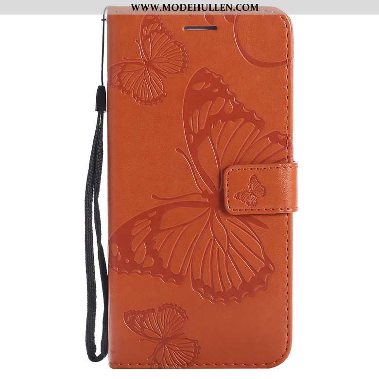 Hülle Samsung Galaxy A70s Schutz Lederhülle Folio Orange Schmetterlingsblumen Sterne