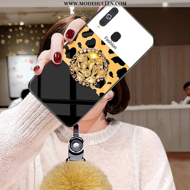 Hülle Samsung Galaxy A8s Hängende Verzierungen Muster Leopard Glas Pelzball Sterne Schwarz