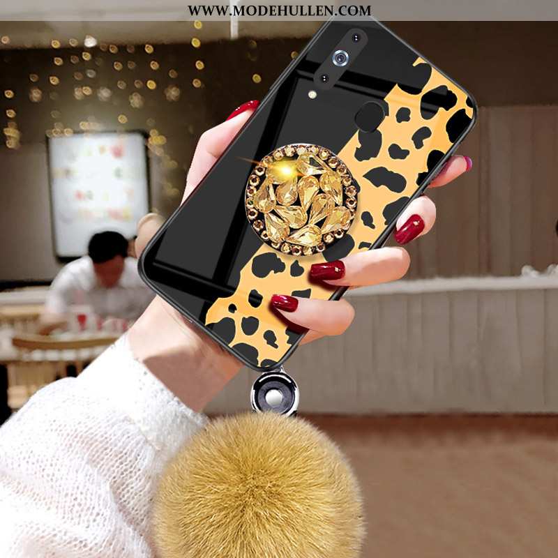Hülle Samsung Galaxy A8s Hängende Verzierungen Muster Leopard Glas Pelzball Sterne Schwarz