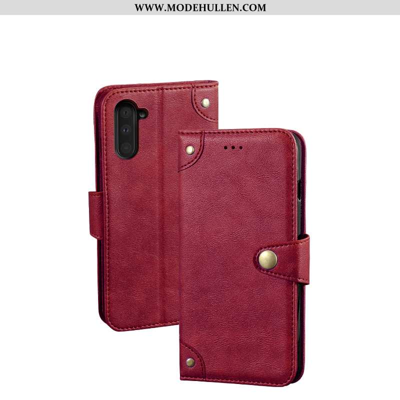 Hülle Samsung Galaxy Note 10 Retro Geldbörse Weinrot Folio Case Schutz Burgund