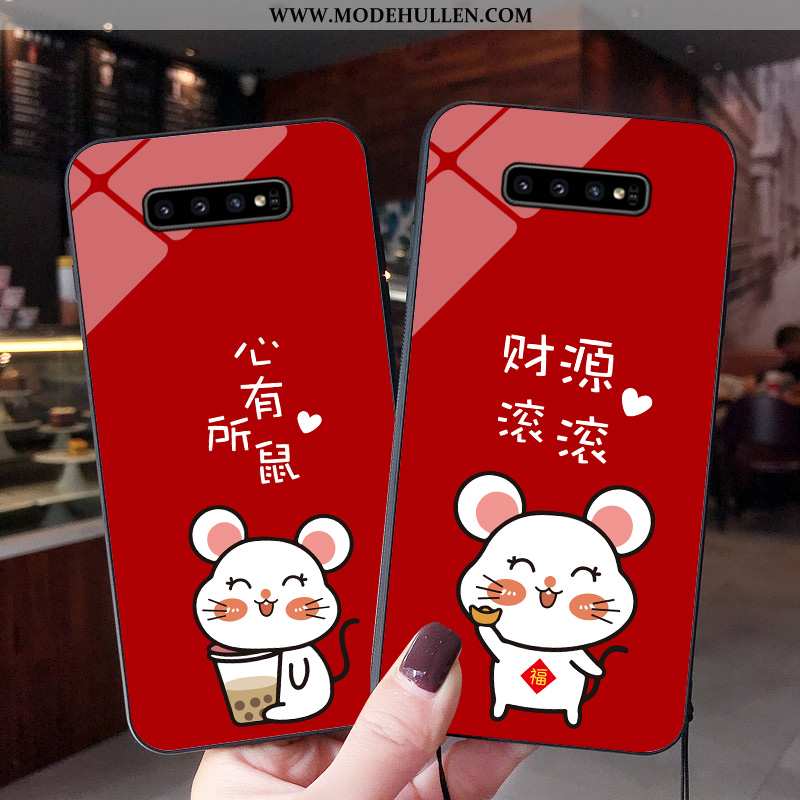 Hülle Samsung Galaxy S10+ Karikatur Trend Glas Ratte Weiche Netto Rot Anti-sturz Rote