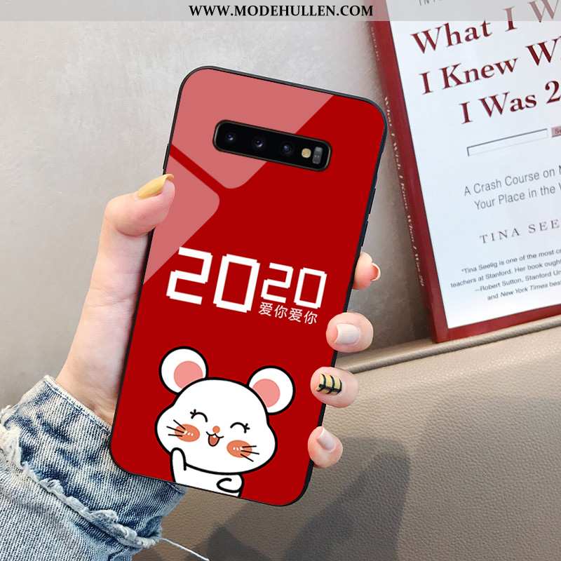 Hülle Samsung Galaxy S10+ Karikatur Trend Glas Ratte Weiche Netto Rot Anti-sturz Rote