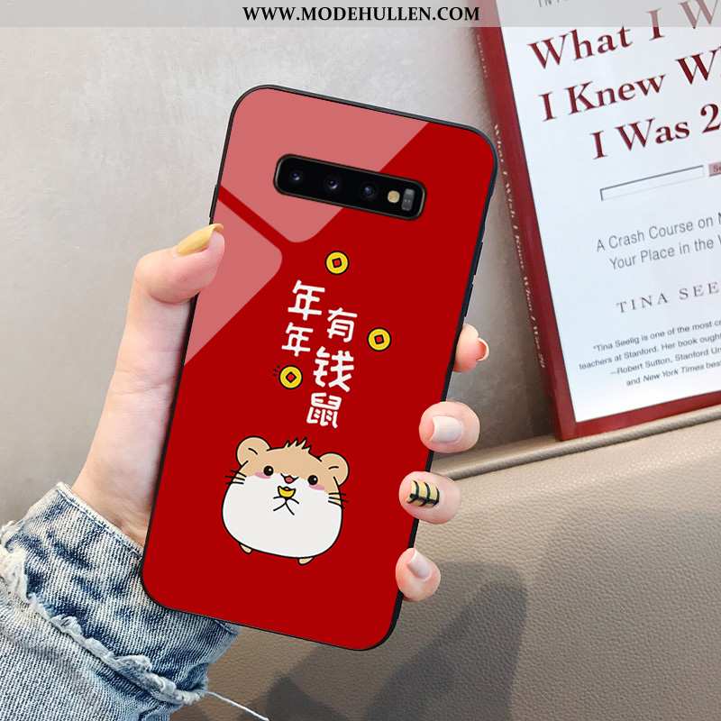 Hülle Samsung Galaxy S10+ Karikatur Trend Glas Ratte Weiche Netto Rot Anti-sturz Rote