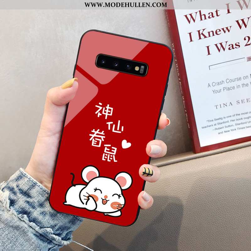 Hülle Samsung Galaxy S10+ Karikatur Trend Glas Ratte Weiche Netto Rot Anti-sturz Rote