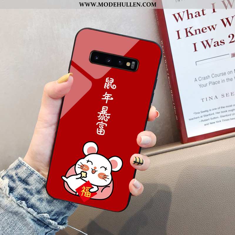 Hülle Samsung Galaxy S10+ Karikatur Trend Glas Ratte Weiche Netto Rot Anti-sturz Rote