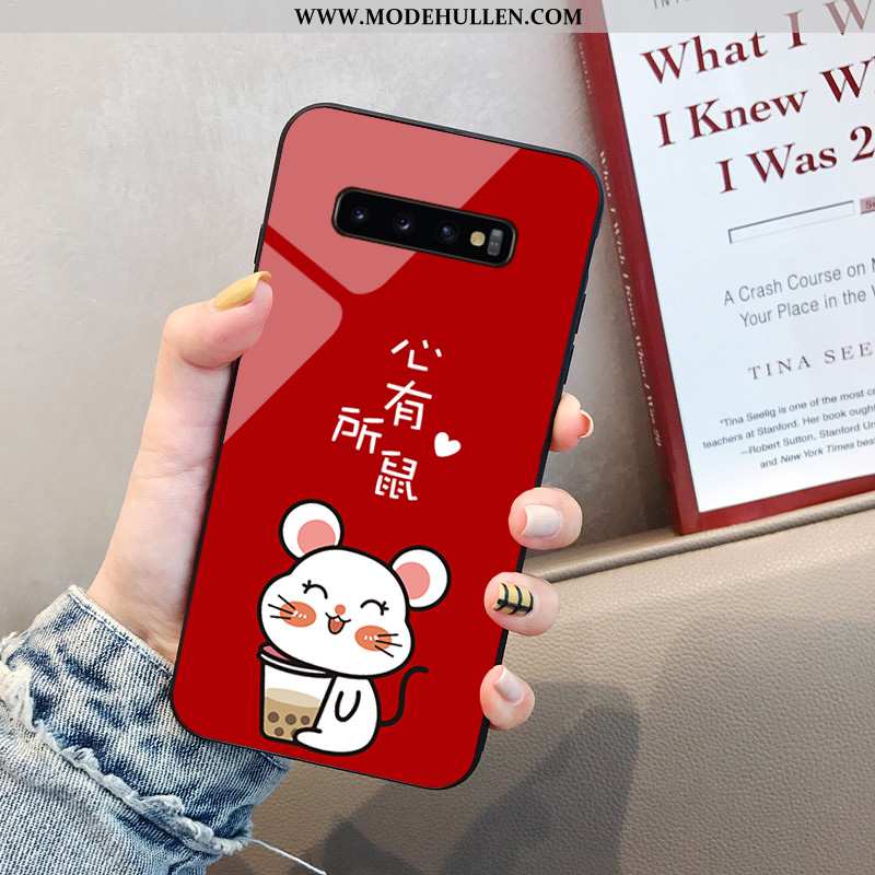 Hülle Samsung Galaxy S10+ Karikatur Trend Glas Ratte Weiche Netto Rot Anti-sturz Rote