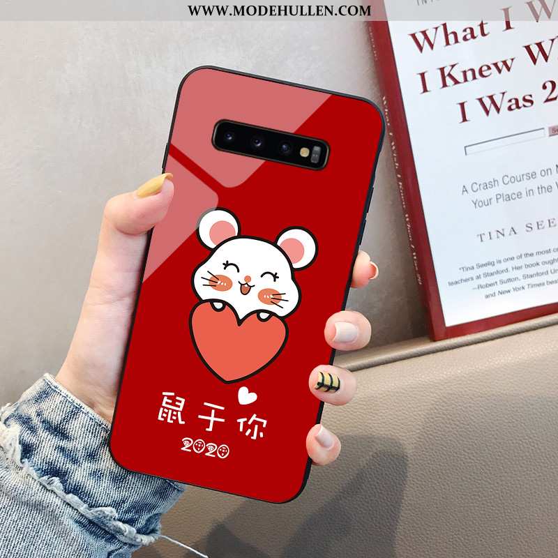 Hülle Samsung Galaxy S10+ Karikatur Trend Glas Ratte Weiche Netto Rot Anti-sturz Rote