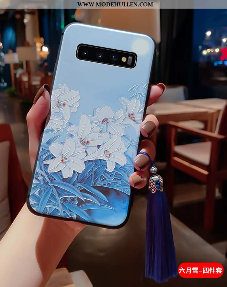 Hülle Samsung Galaxy S10+ Silikon Schutz Anti-sturz Sterne Chinesische Art Case Blau