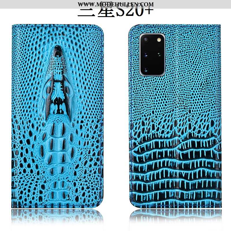 Hülle Samsung Galaxy S20+ Echt Leder Schutz Krokodilmuster Handy Blau Sterne