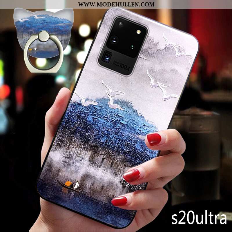 Hülle Samsung Galaxy S20 Ultra Schutz Nubuck Prägung Chinesische Art Wind Case Anti-sturz Blau