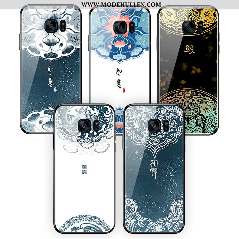 Hülle Samsung Galaxy S7 Edge Weiche Silikon Chinesische Art Glas Einfach Handy Blumen Blau