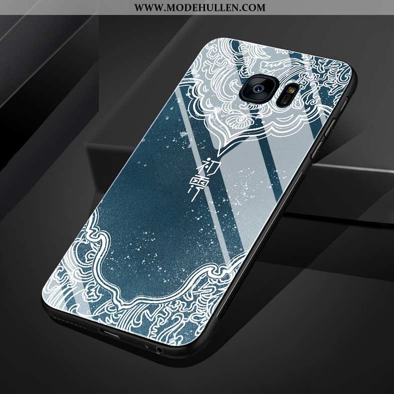 Hülle Samsung Galaxy S7 Edge Weiche Silikon Chinesische Art Glas Einfach Handy Blumen Blau