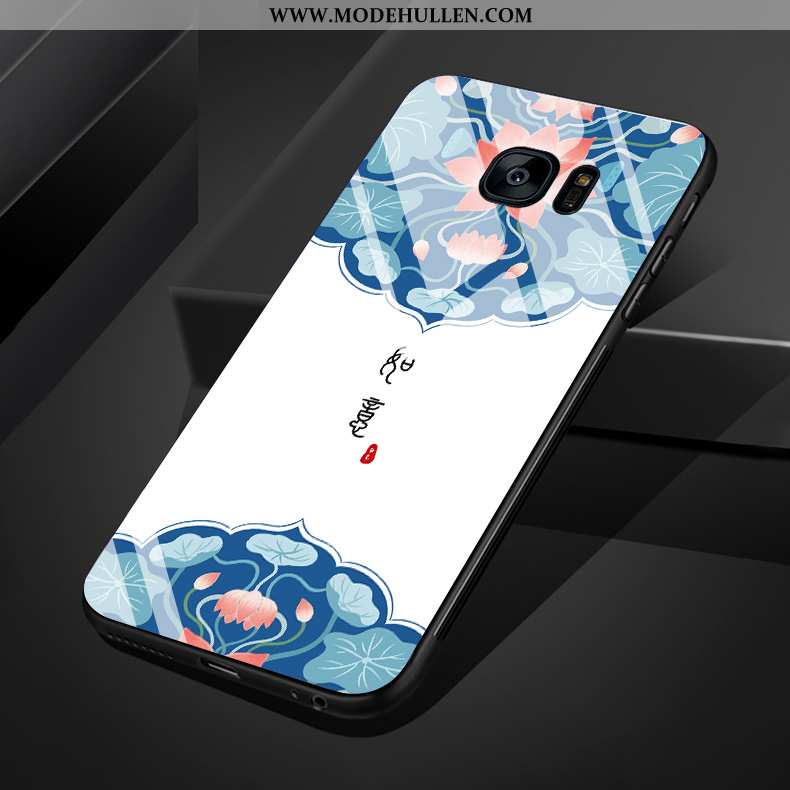 Hülle Samsung Galaxy S7 Edge Weiche Silikon Chinesische Art Glas Einfach Handy Blumen Blau