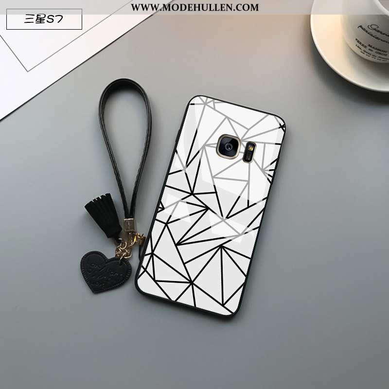 Hülle Samsung Galaxy S7 Schutz Glas Kariert Schwarz Handy Persönlichkeit