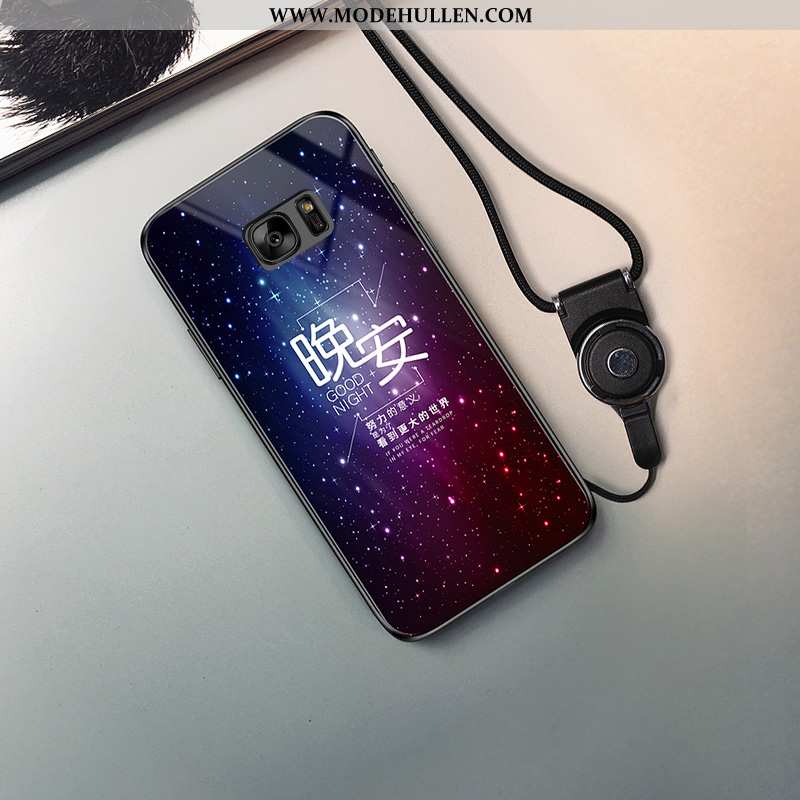 Hülle Samsung Galaxy S7 Trend Glas Schwarz Netto Rot Landschaft Sterne Handy