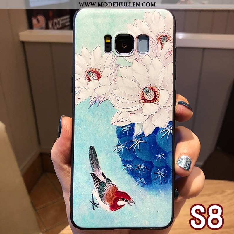 Hülle Samsung Galaxy S8 Schutz Prägung Blumen Hängender Hals Anti-sturz Handy Blau