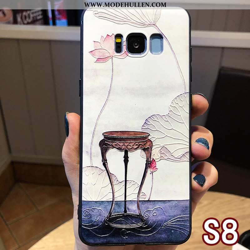 Hülle Samsung Galaxy S8 Schutz Prägung Blumen Hängender Hals Anti-sturz Handy Blau