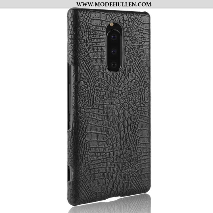 Hülle Sony Xperia 1 Schutz Leder Qualität Dunkelblau Krokodilmuster Case