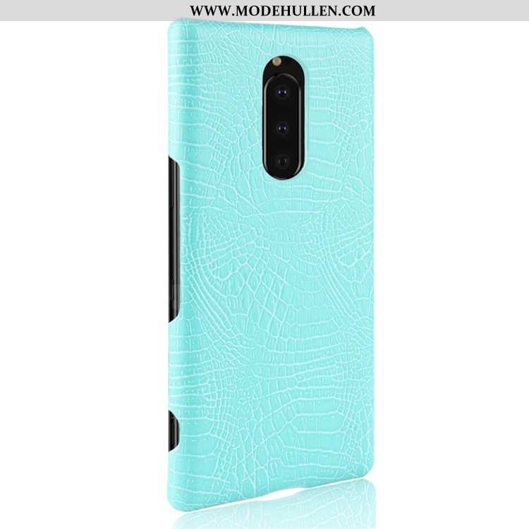 Hülle Sony Xperia 1 Schutz Leder Qualität Dunkelblau Krokodilmuster Case