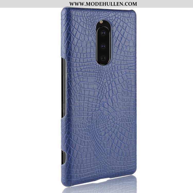 Hülle Sony Xperia 1 Schutz Leder Qualität Dunkelblau Krokodilmuster Case