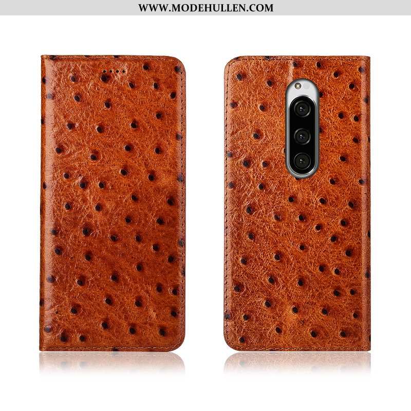 Hülle Sony Xperia 1 Schutz Lederhülle Muster Clamshell Echt Leder Silikon Braun