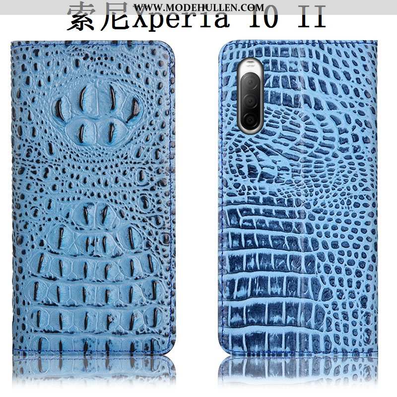 Hülle Sony Xperia 10 Ii Schutz Echt Leder Blau Handy Folio Case
