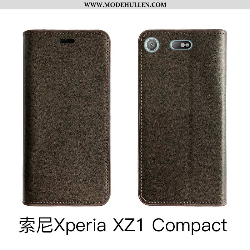 Hülle Sony Xperia Xz1 Compact Luxus Echt Leder Handy Anti-sturz Clamshell Case Schutz Schwarz