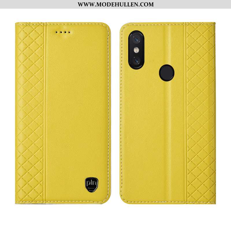 Hülle Xiaomi Mi 8 Pro Echt Leder Muster Gelb Handy Anti-sturz Kariert Gelbe