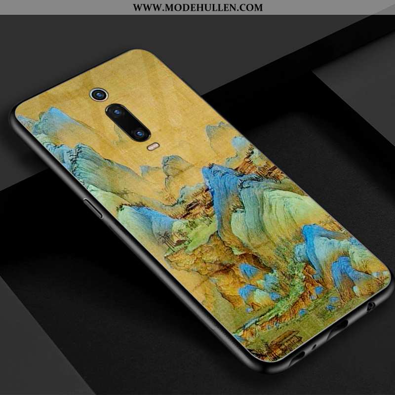 Hülle Xiaomi Mi 9t Glas Retro Blau Rot Chinesische Art Handy