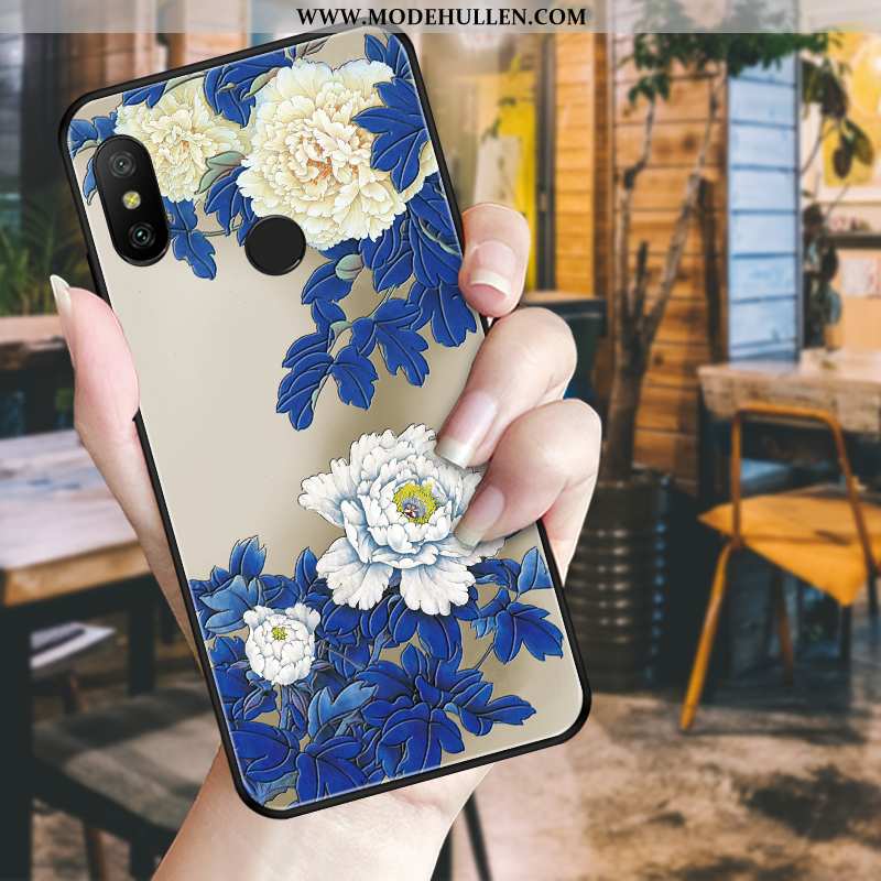 Hülle Xiaomi Mi A2 Lite Weiche Schutz Prägung Case Blumen Nubuck Blau