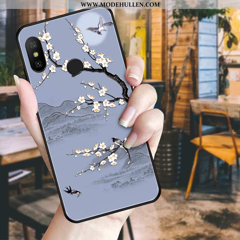 Hülle Xiaomi Mi A2 Lite Weiche Schutz Prägung Case Blumen Nubuck Blau