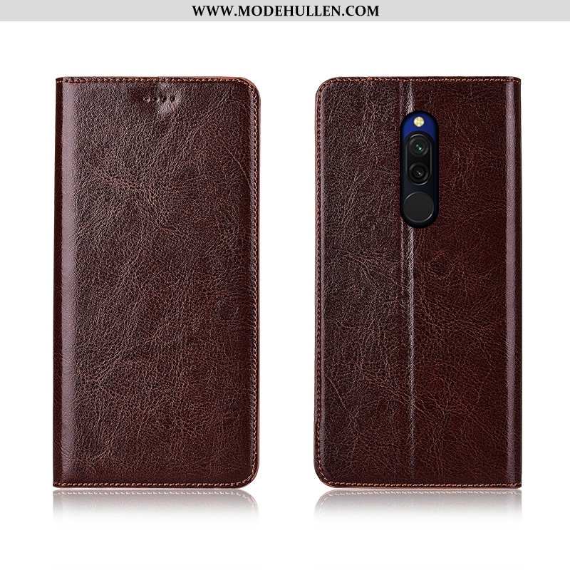 Hülle Xiaomi Redmi 8 Lederhülle Muster Einfassung Rot Case Mini Braun