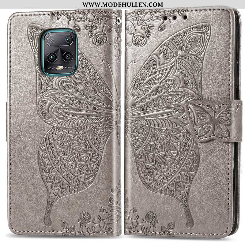 Hülle Xiaomi Redmi Note 9 Pro Leder Schutz Rot Handy Folio Prägung Blumen Blau